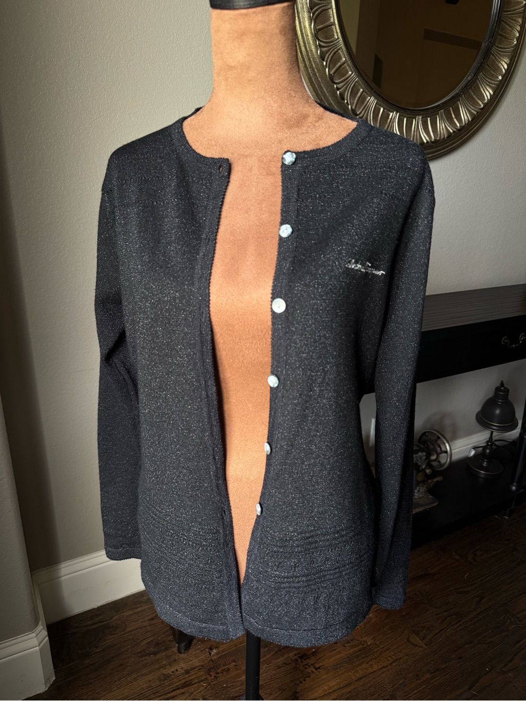 Salvatore Ferragamo Black Metallic Wool Cardigan Script Logo Italy Rare M